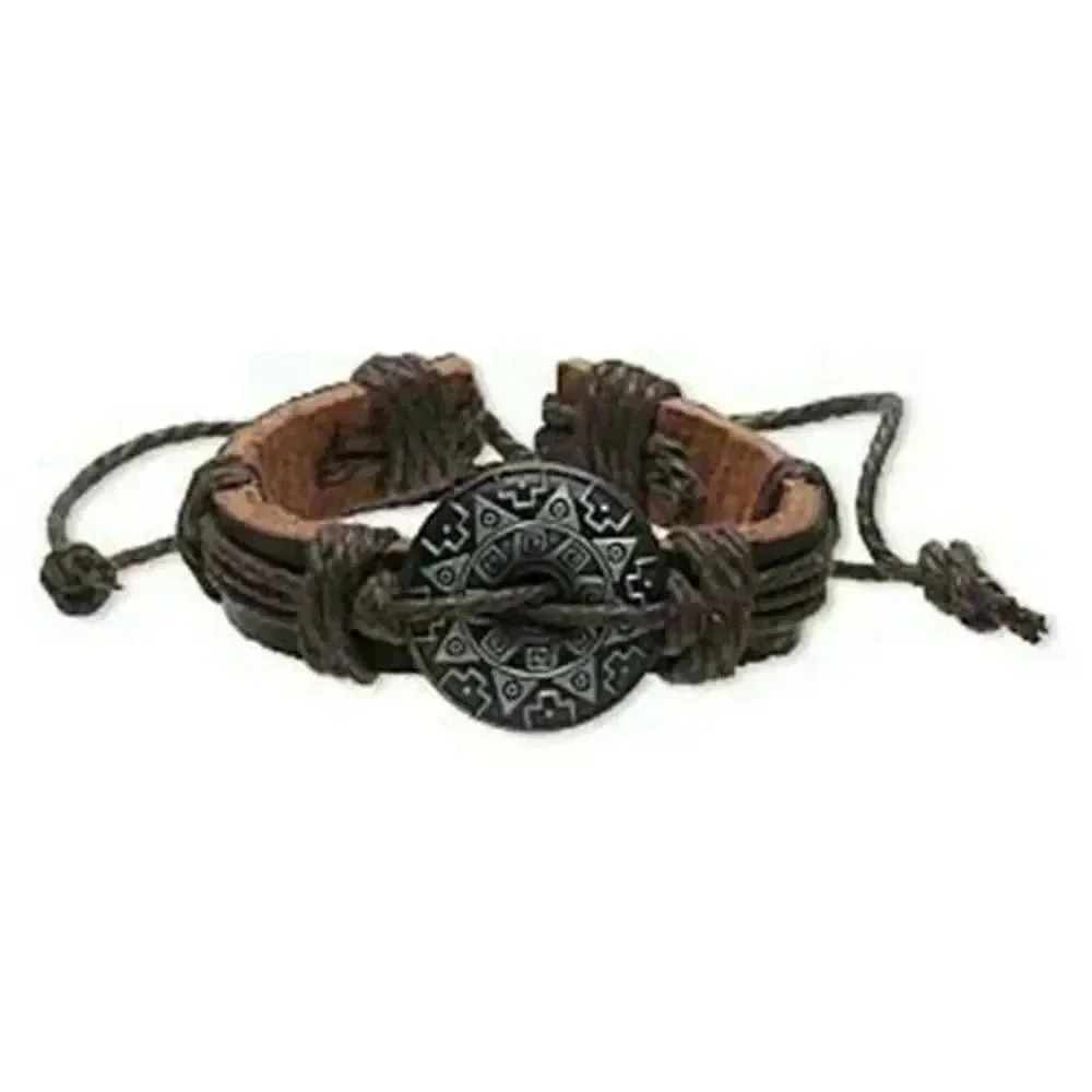 Handmade Brown Black Aztec Tribal Sun Leather Silver Pewter Adjustable Bracelet